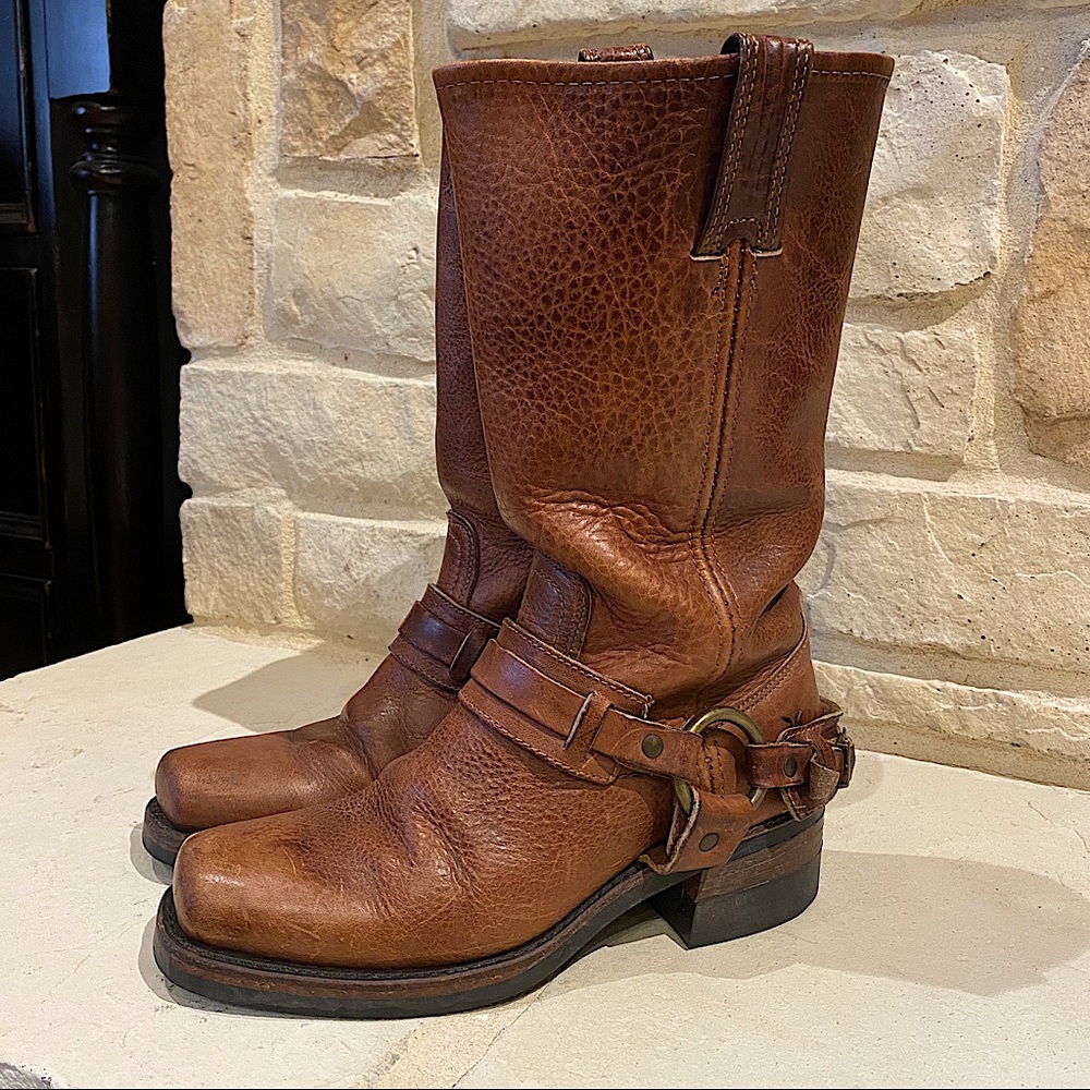 Frye Cognac Leather Harness Moto Boots